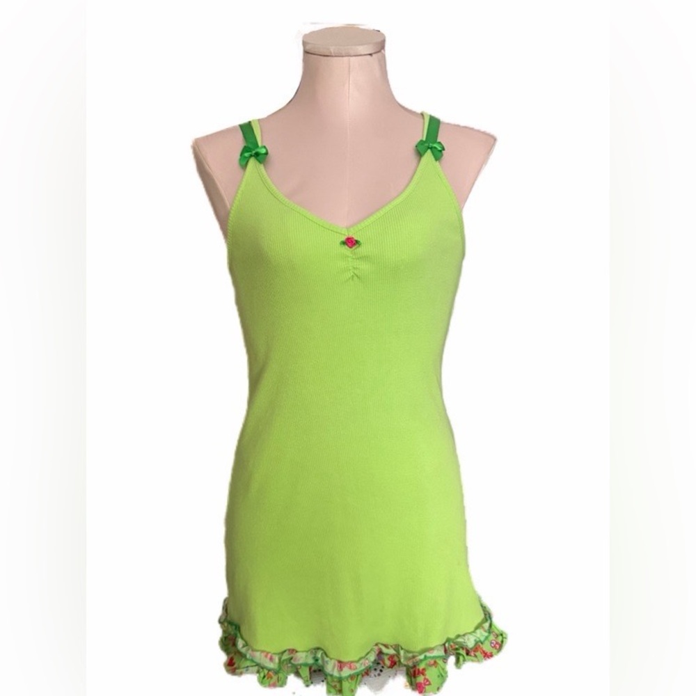 EUC Vintage VS Pout Lime Green Ribbed Fabric Nightgown dress Lollipop print trim